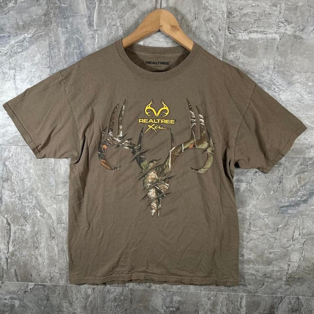Realtree Short Sleeve T-Shirt Men's Size Large Graphic Brown Antlers Hunting